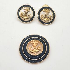 Vintage Nautical Gold Tone & Enamel Anchor Pierced Earrings And Brooch Set.